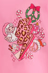 Santa printed on pink long sleeve top and animal printed bottoms w/green ruffle plaid. OFG62999 MON
