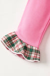 Santa printed on pink long sleeve top and animal printed bottoms w/green ruffle plaid. OFG62999 MON