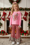 Santa printed on pink long sleeve top and animal printed bottoms w/green ruffle plaid. OFG62999 MON