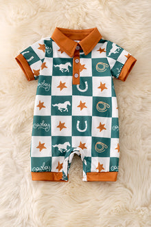  Mustang Stud printed checkered baby romper with snaps. RPB50098 SOL