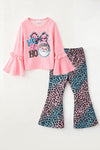 Ho Ho Ho" Pink Santa printed bell sleeve top and cheetah printed pants. OFG62975 AMY