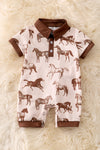 Ivory & brown trim horse printed baby romper. RPB50099 JEANN