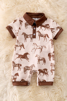  Ivory & brown trim horse printed baby romper. RPB50099 NAY