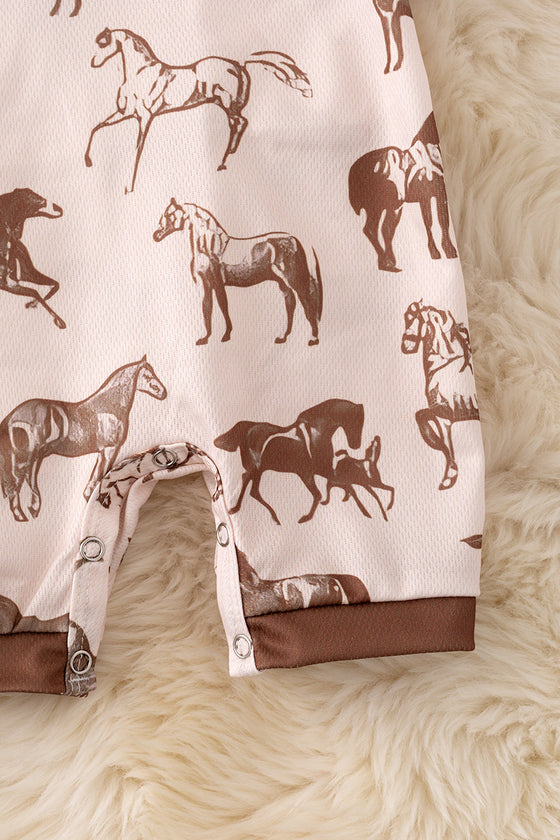 Ivory & brown trim horse printed baby romper. RPB50099 JEANN