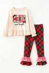 "Merry & Bright" cream long sleeve top and plaid pants with ruffle hem. OFG62971 MON