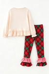 "Merry & Bright" cream long sleeve top and plaid pants with ruffle hem. OFG62971 MON