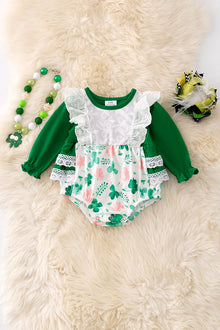  Long sleeve clover baby onesie with snaps. RPG50069 NAY