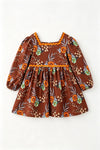Brown floral long sleeve dress with square neckline. DRG65418 SOL
