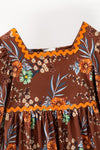 Brown floral long sleeve dress with square neckline. DRG65418 SOL