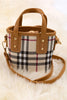 Plaid printed mini tote bag with latte trim. BBG40033 M