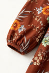 Brown floral long sleeve dress with square neckline. DRG65418 SOL