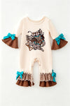 Cream western printed baby romper with bell sleeves and snaps. RPG65077 SOL