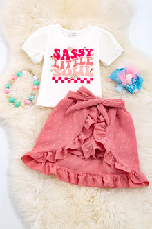  Sassy little soul" white graphic tee & short high low skirt. OFG25114032 Jeann