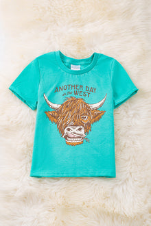  "Another day in the west" Aqua Highland cow printed boys tee-shirt. TPB40096 loi