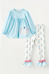 Lt. Blue gingham tunic with pumpkin applique and floral leggings. OFG62654 AMY