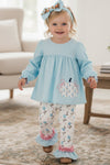 Lt. Blue gingham tunic with pumpkin applique and floral leggings. OFG62654 AMY
