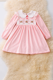  Checkered printed girls dress with pumpkin/bow embroidery. DRG53049 AMY