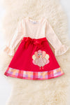 Turkey applique on fuchsia-cream dress. DRG53013 JEAN
