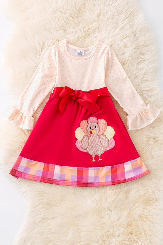 Turkey applique on fuchsia-cream dress. DRG53013 JEAN