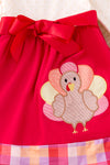 Turkey applique on fuchsia-cream dress. DRG53013 JEAN