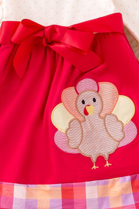Turkey applique on fuchsia-cream dress. DRG53013 JEAN