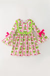 Pink & green Christmas character dress with bell sleeves. DRG65431 AMY