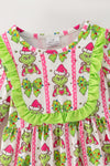 Pink & green Christmas character dress with bell sleeves. DRG65431 AMY