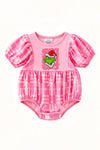 Pink plaid Christmas character printed baby romper. RPG65057 SOL