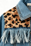 Lt. Blue denim jacket with leopard printed detail. TPG60613 Mon