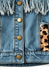 Lt. Blue denim jacket with leopard printed detail. TPG60613 Mon