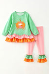 Green polka dot pumpkin applique tunic and bottoms. OFG62630 MO
