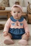 Cute western baby romper with snaps. Coral & simulated denim romper.