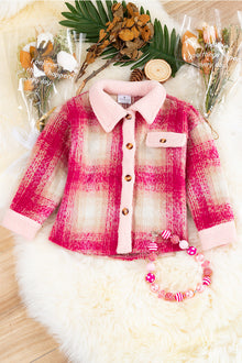  Hot pink Plaid shacket with pink trim. TPG65113024-WENDY
