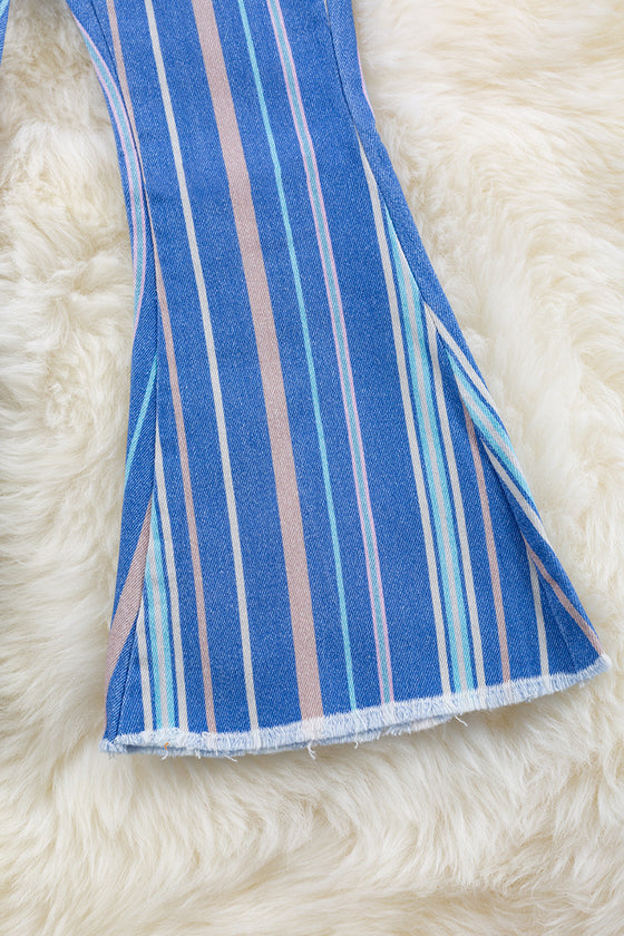 Multi-color stripe on blue  printed bootcut denim pants. PNG65153067-Jeann