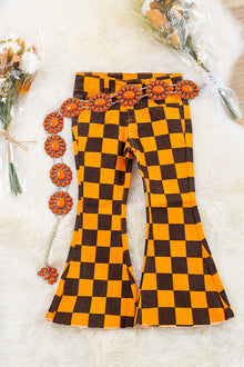  Black & Orange checker printed bootcut denim pants. PNG65133009 EMILY