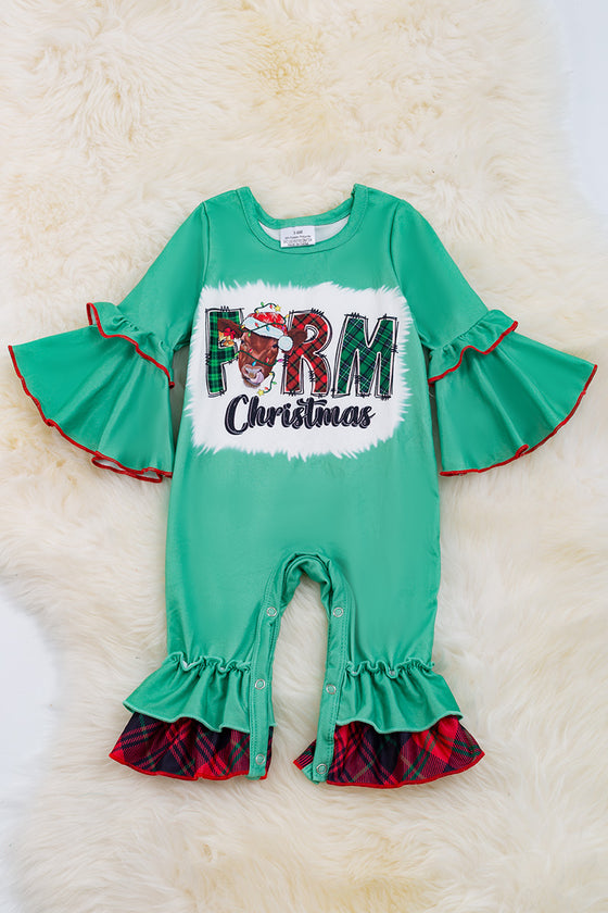 Farm Christmas" Green bell sleeve baby romper. RPG50143050 SOL