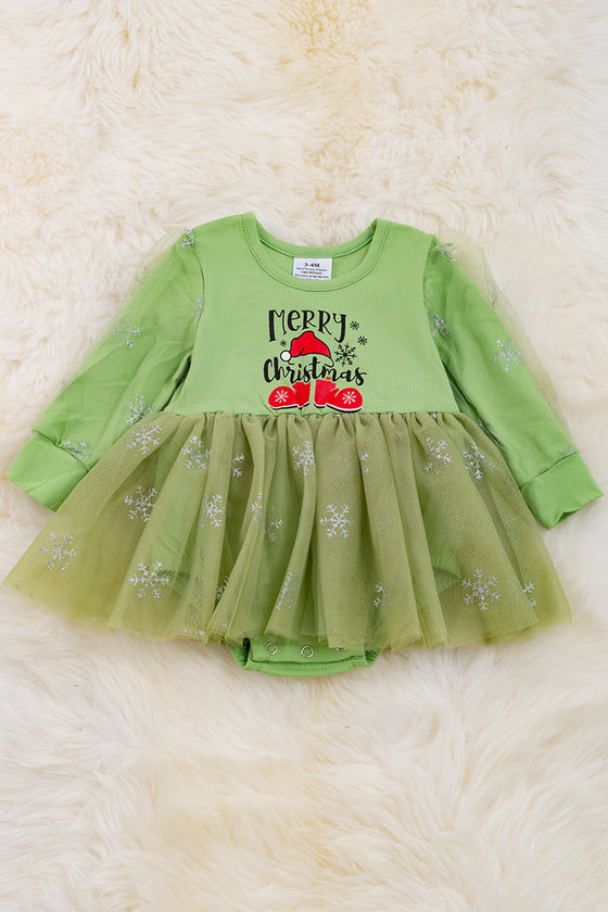 "Merry Christmas" Green long sleeve dress with sparkly tulle. RPG50143023AMY