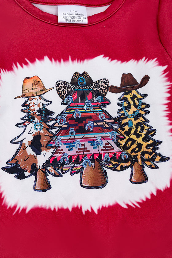 A Western Christmas/Christmas tree printed baby romper with bell sleeves. RPG50143047 LOI