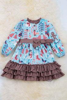  Snowman printed on blue 3 layer ruffle dress w/ ruffle neckline. DRG50133017SOL