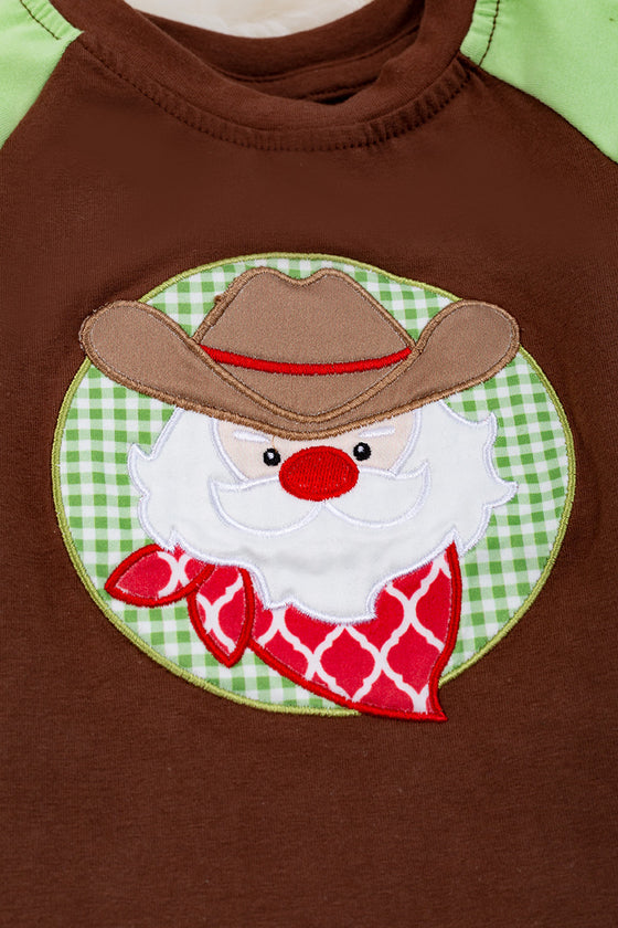 Cowboy Santa applique on brown baby romper with snaps. RPB50143001 SOL