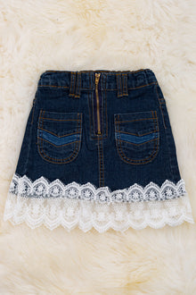  Front zipper denim skirt with lace hem. DRG25154001 loi