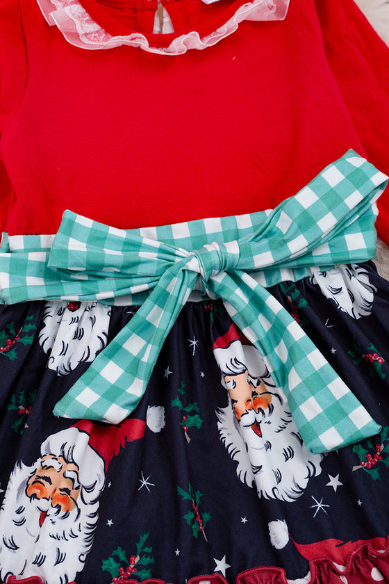 Red & navy blue Santa printed dress w/ruffle trim. DRG50143027 Mary