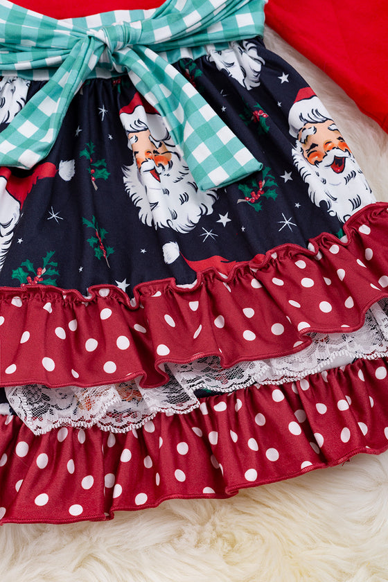 Red & navy blue Santa printed dress w/ruffle trim. DRG50143027 Mary