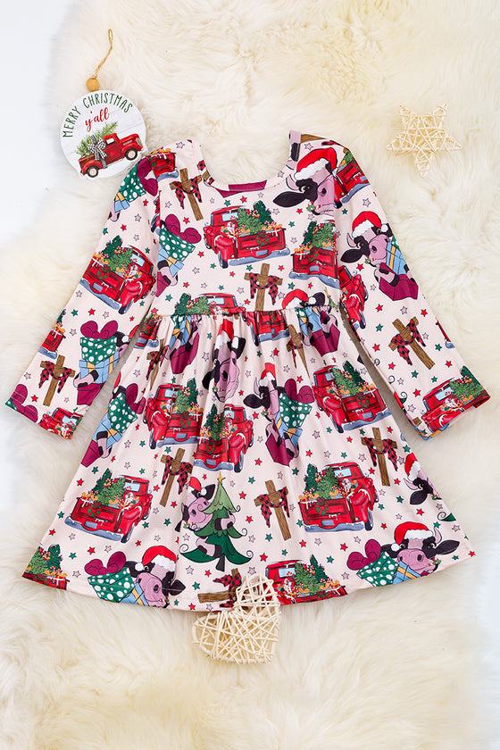 A Blessed Christmas in the farm, multi printed flare dress. DRG50143049 Jeann