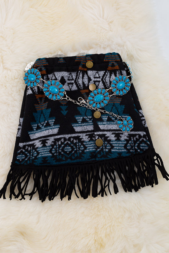 Teal blue & black Aztec faux wool skirt with fringe hem. DRG65153118 AMY