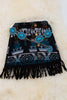 Teal blue & black Aztec faux wool skirt with fringe hem. DRG65153118 AMY