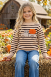 Unisex brown stripe on ivory knit sweater w/ pumpkin on a truck. TPG60458 AMY