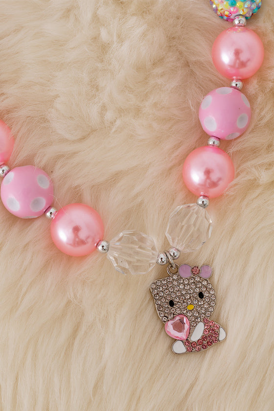 Pastel Pink bubble necklaces with kitty pendant. 3PCS/$15.00