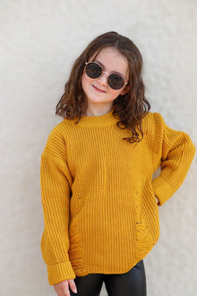 Mustard knit sweater w/distressed detail. TPG60153023-AMY