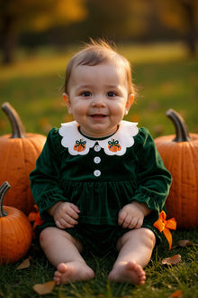  Fall, green velvety fabric baby onesie with embroidered details. OFG51490 JEAN